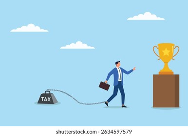 Ilustração vetorial de um determinado homem de negócios lutando pelo sucesso enquanto está sobrecarregado com impostos pesados, simbolizando o desafio de alcançar objetivos financeiros entre as obrigações fiscais
