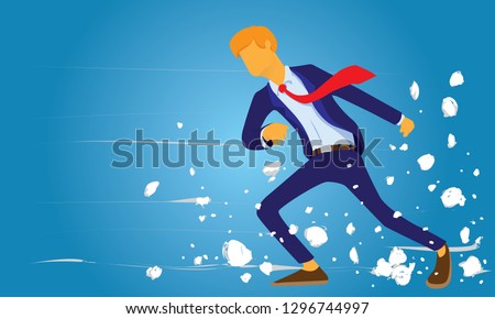 Vector illustration, determined businessman walks against strong wind. Business challege concept 