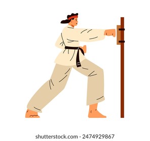 Vector illustration of a determined girl in a kimono with a karate belt preparing to hit a wooden board with a strong fist, on a white background.