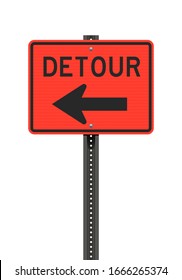 Vector Illustration Of The Detour Left Arrow Orange Road Sign On Metallic Black Post