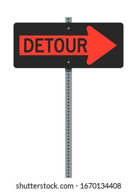 Ilustración vectorial del signo de la carretera Detour right Arrow naranja en una publicación metálica  