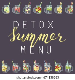 Vector illustration of Detox water with Fruits, vegetables or berries. Handmade lettering Isolated for diet menu, cafe and restaurant menu. Fresh smoothies, fruit cocktail for healthy life.