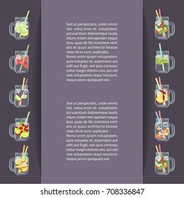 Vector illustration of Detox water with Fruits, vegetables or berries. Place for your text. Isolated for diet menu, cafe and restaurant menu. Fresh smoothies, fruit cocktail for healthy life.