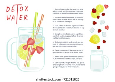 Vector illustration of Detox water with Fruits, vegetables or berries. Isolated for diet menu, cafe and restaurant menu. Fresh smoothies, fruit cocktail for healthy life.