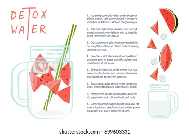 Vector illustration of Detox water with watermelon. Isolated for diet menu, cafe and restaurant menu. Fresh smoothies, fruit cocktail for healthy life.