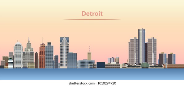 Vector Illustration Of Detroit City Skyline At Sunrise