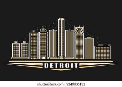 Vector illustration of Detroit, dark horizontal poster with linear design famous detroit city scape on dusk sky background, american urban line art concept with decorative lettering for text detroit