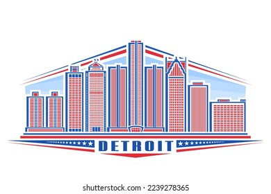 Vector illustration of Detroit, horizontal badge with linear design famous detroit city scape on day sky background, red urban line art concept with decorative unique lettering for blue text detroit