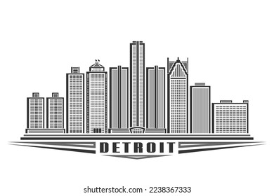 Vector illustration of Detroit, monochrome horizontal poster with linear design detroit city scape, american urban line art concept with decorative lettering for black text detroit on white background