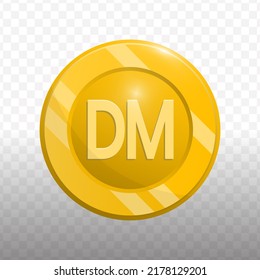 Vector illustration of deutsche mark currency coin in gold color on transparent background (PNG).