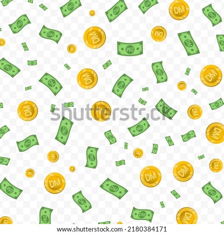 Vector illustration of deutsche mark currency. Random pattern of banknotes and coins in green and gold colors on transparent background (PNG). 