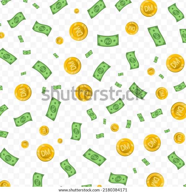 Vector illustration of deutsche mark currency. Random\
pattern of banknotes and coins in green and gold colors on\
transparent background (PNG).\
