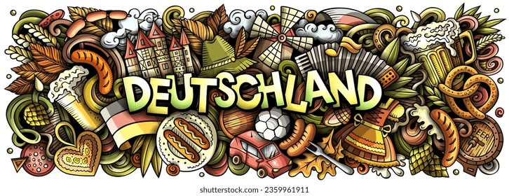 Vector illustration with Deutschland theme doodles. Vibrant and eye-catching banner design, capturing the essence of Germany culture and traditions through playful cartoon symbols