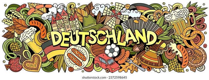 Vector illustration with Deutschland theme doodles. Vibrant and eye-catching banner design, capturing the essence of Germany culture and traditions through playful cartoon symbols