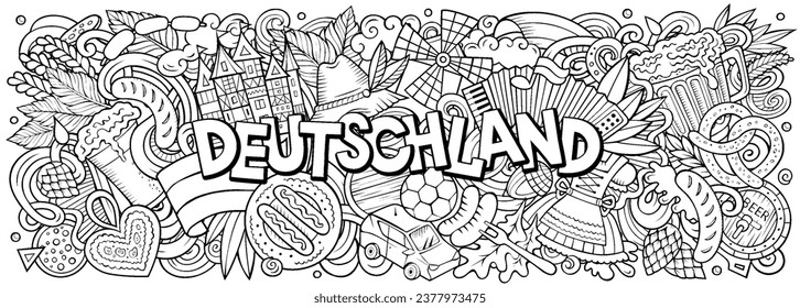 Vector illustration with Deutschland theme doodles. Sketchy and eye-catching banner design, capturing the essence of Germany culture and traditions through playful cartoon symbols