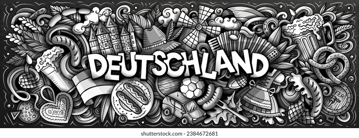 Vector illustration with Deutschland theme doodles. Monochrome banner design, capturing the essence of Germany culture and traditions through playful cartoon symbols