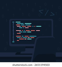 Vector illustration of a developer's monitor with colorful code on a dark interface. Great for tech content, programming topics, websites, or coding education visuals.