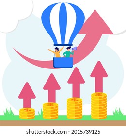 Vector illustration of development progress as increasing success and growth of enterprise revenue progress concept. Professional team work scene with up and down graphs as profit, sales or career.