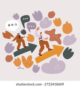 Ilustración vectorial de desarrollo, mercado de valores en alza, concepto de crecimiento positivo. Joven empresario seguro positivo que monta la velocidad rápida en la flecha del desarrollo que significa éxito en los negocios