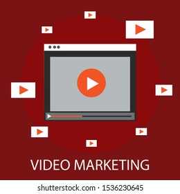 Vector illustration of development & technology concept with "video marketing" media and advertising icon.