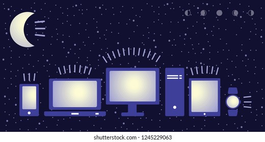 vector illustration of devices with blue light and moon for regulating screen brightness and sleep cycles visuals