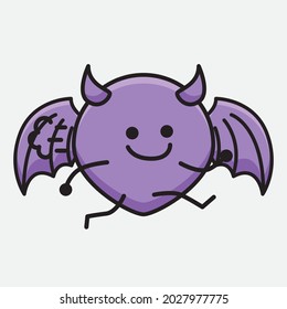 Vector Illustration of Devil Bat Character with cute face and simple body line drawing on isolated background