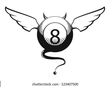 Vector illustration of devil eight ball with horns, wings and tail