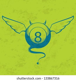 Vector illustration of devil eight ball with horns, wings and tail
