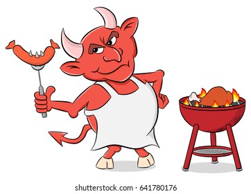 vector illustration of a devil with grilled sausages and apron