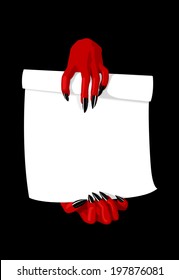 Vector illustration of devil hands holding contract, deal with the devil concept 