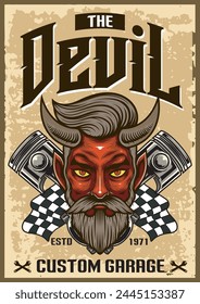  Vector Illustration of Devil Head, Two Pistons and Two Flags with Vintage Illustration Available for Vintage Poster