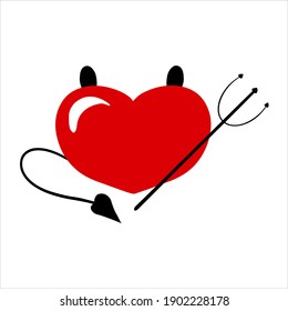 Vektorgrafik des Teufelskreises Herz mit Hörnern, Schwanz und Dreifach in Rot und Schwarz einzeln auf Weiß. Videokunst für Druck, Aufkleber, Dekoration für den Valentinstag oder als Dämon böser Liebe, Sexualität, 