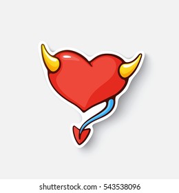 Vector illustration. Devil heart with horns and tail. Valentine's Day. Cartoon sticker in comic style with contour. Decoration for greeting cards, posters, patches and prints for clothes, emblems