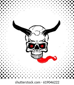 Vector illustration of a devil skull with big horn and a creepy curling tongue.
