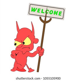 Vector illustration of a devil standing with a pitchfork and a sign with the word "Welcome" on a white background