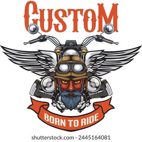 Vector Illustration of Devil Wearing Helmet with Two Pistons and Motorcycle with Wings with Vintage Illustration Available for Logo Badge