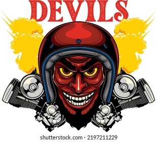 Vector illustration of devil wearing motorcycle helmet in vintage style