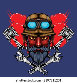 Ilustración vectorial del diablo con casco de motocicleta de estilo vintage