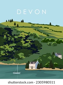 Ilustración vectorial. Afiche de viaje de Devon, Inglaterra. Diseño para postales de viaje, banner, afiche. Turismo, Europa tour.