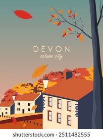 Vector illustration. Devon, England. Travel poster, banner, cover, postcard, packaging. Autumn season. Nature, town. Modern design. Tourism.