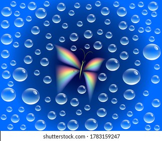 Vector illustration of dew drops on glass and butterfly rainbow symbol of rebirth