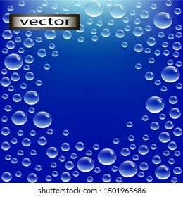 Vector illustration dew water drops on glass dark blue background condensation around frame of drops pattern