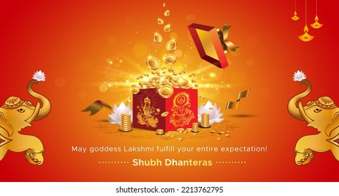 Ilustración vectorial del diseño de la plantilla de pancartas del festival Dhanteras. Monedas de caja de oro en 3D abundante con decoración de diwali floral, fuegos artificiales y fondo de luz.