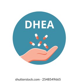 Vector illustration with DHEA caption depicting a hand with capsules and pills symbolizing hormone supplements. The concept of health and hormone therapy to support the human body.