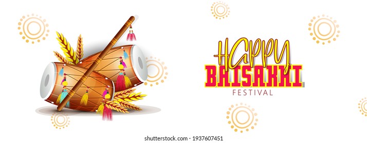 Vector illustration of dhol, wheatland on white background. Happy Baisakhi header or banner design.