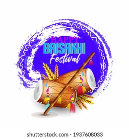 Vector illustration of dhol, wheatland on white background with Happy Baisakhi poster or banner design.