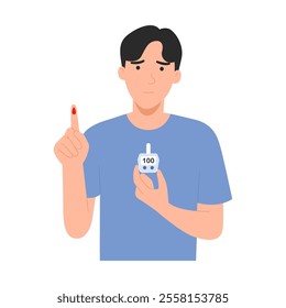 Vector illustration of a diabetic man. Using a blood glucose meter, hyperglycemia.
