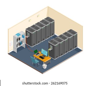 A vector illustration of a diagnostic test in a server computer room.
Server test in room.
Servers being tested in room.