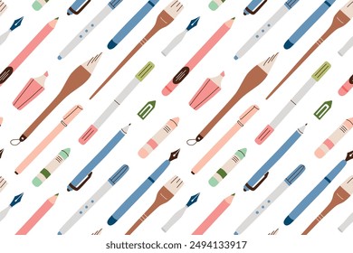 Vector illustration of diagonal pattern with school and office stationery supplies. Seamless design with flat pencils, pens, brushes, and crayons. Seamless background for art, education