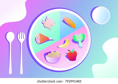 a vector illustration of a diagram illustrating healthy food . Chicken Meat Bread Banana Apple Whole Grain adn Vegetable inside a Round Diagram . Articel Illustration of Healthy lifestyle concept .